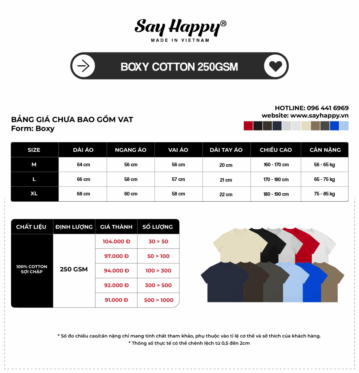 Bảng size và bảng giá sỉ boxy 250gsm sợi chập tại xưởng áo thun Say Happy
