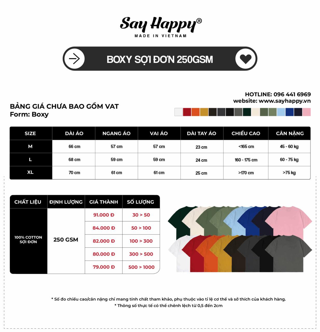 Bảng size và bảng giá sỉ boxy 250gsm sợi đơn tại xưởng áo thun Say Happy