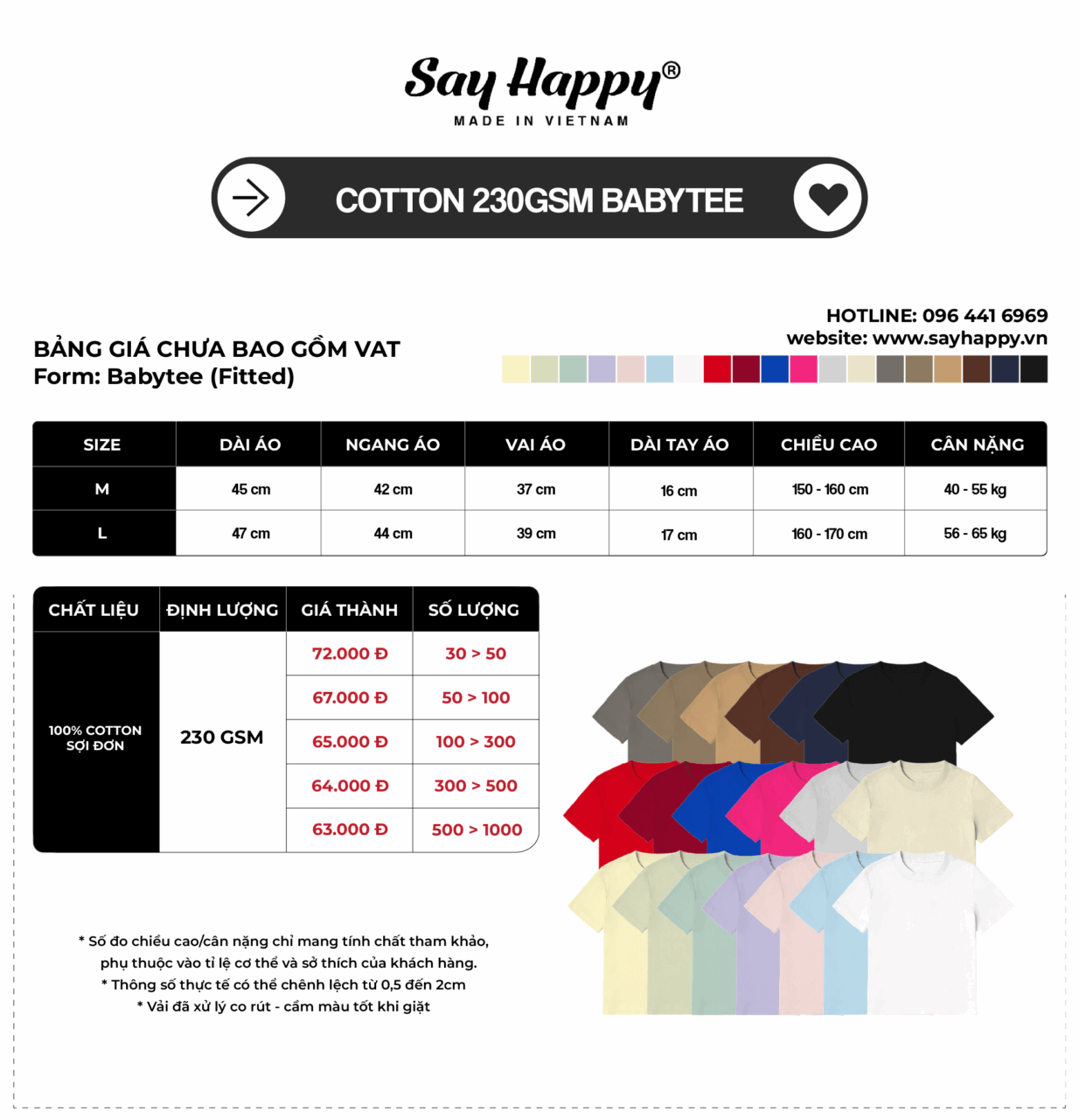 Bảng size và bảng giá sỉ cotton 230gsm babytee tại xưởng áo thun Say Happy