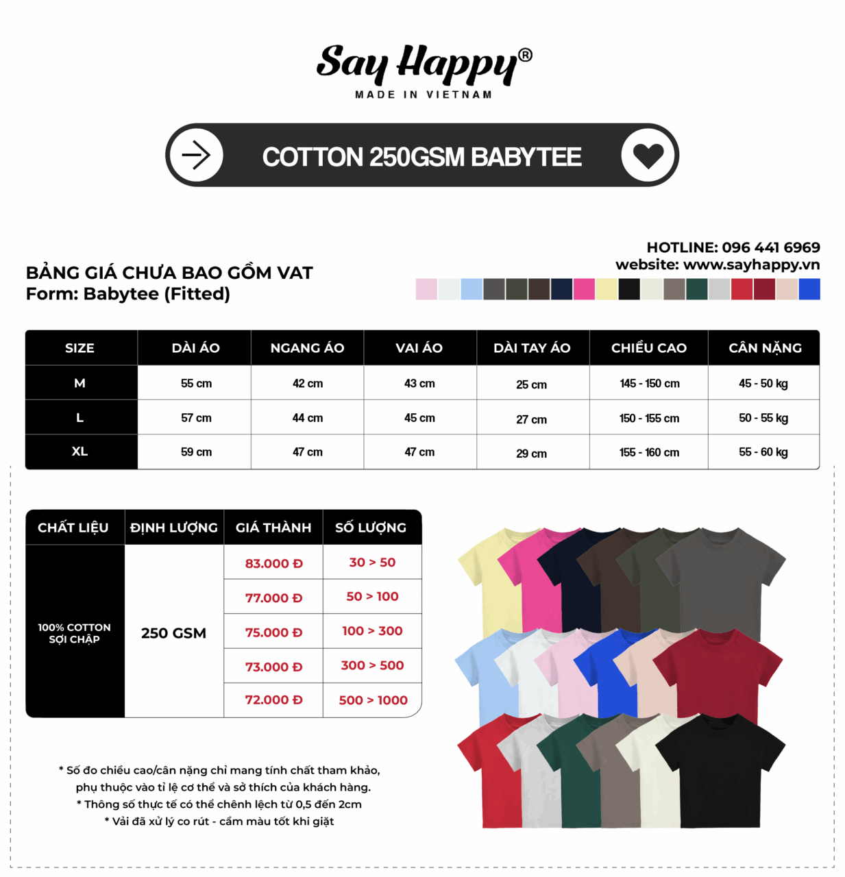 Bảng size và bảng giá sỉ cotton 250gsm babytee tại xưởng áo thun Say Happy