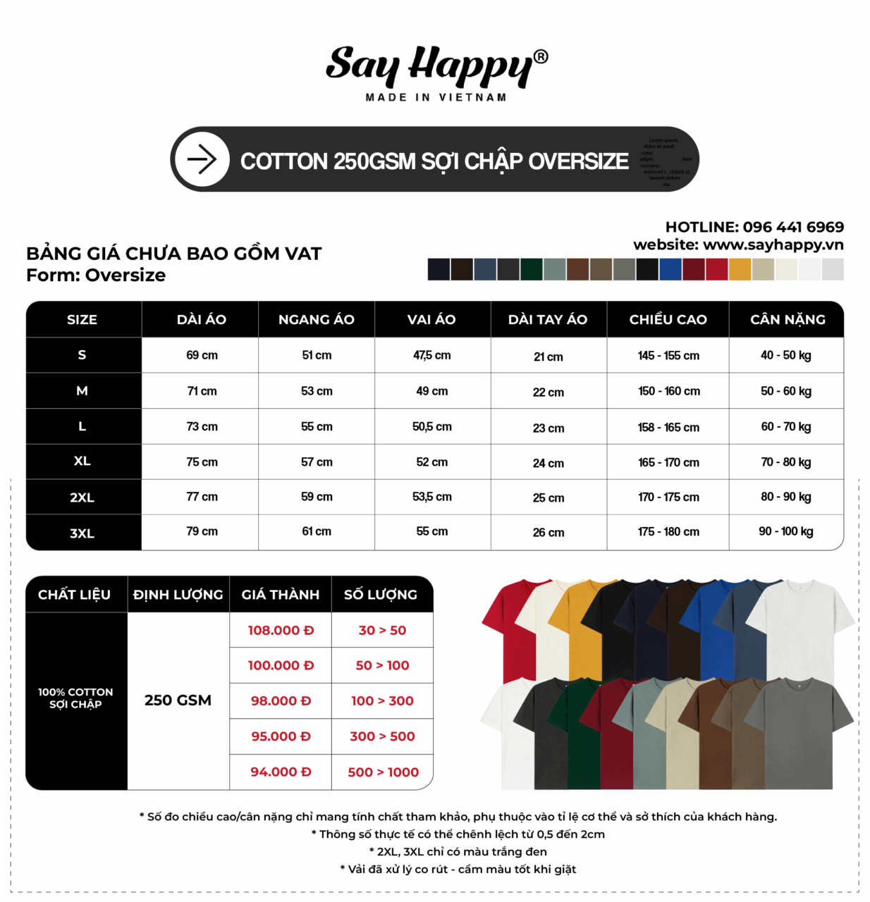 Bảng size và bảng giá sỉ cotton 250gsm sợi chập CM30 tại xưởng áo thun Say Happy