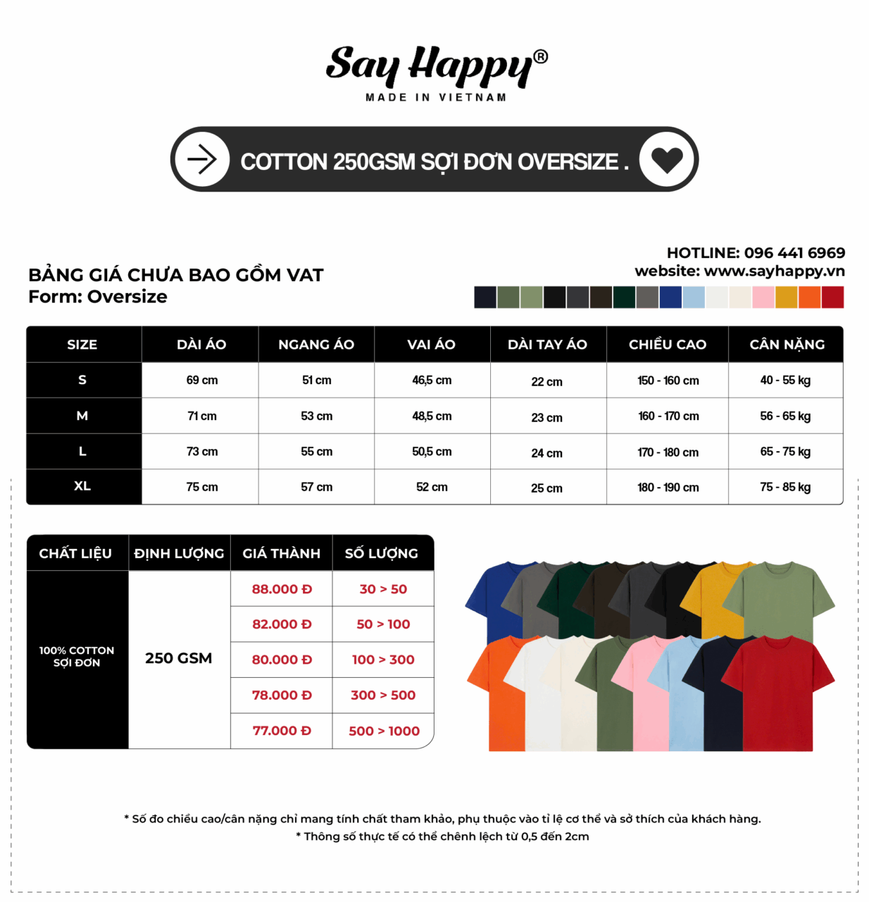 Bảng size và bảng giá sỉ cotton 250gsm sợi đươn tại xưởng áo thun Say Happy
