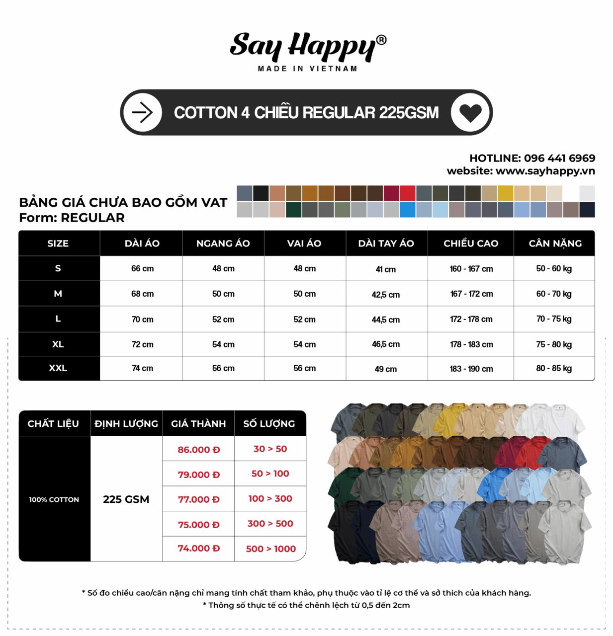 Bảng size và bảng giá sỉ thun cotton 4 chiều tại xưởng áo thun Say Happy