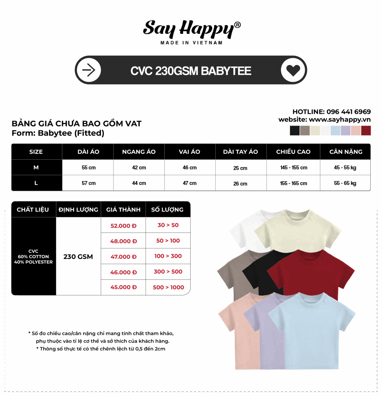 Bảng size và bảng giá sỉ CVC 230gsm babytee tại xưởng áo thun Say Happy