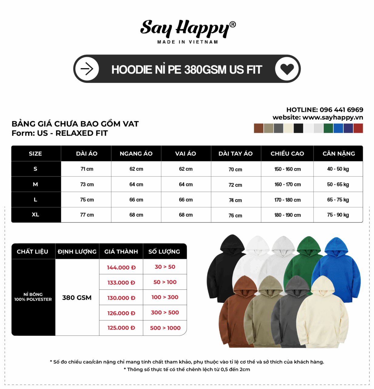 Bảng size và bảng giá sỉ Hoodie nỉ pe 380gsm tại xưởng áo thun Say Happy