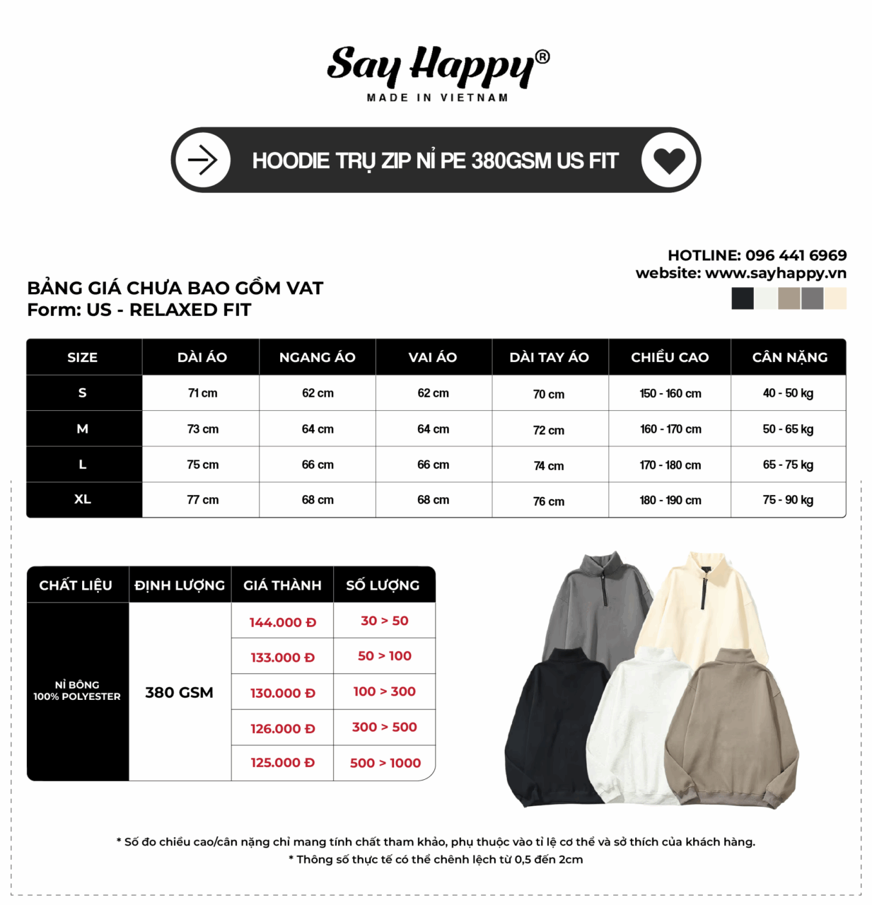 Bảng size và bảng giá sỉ Hoodie trụ zip nỉ pe 380gsm tại xưởng áo thun Say Happy