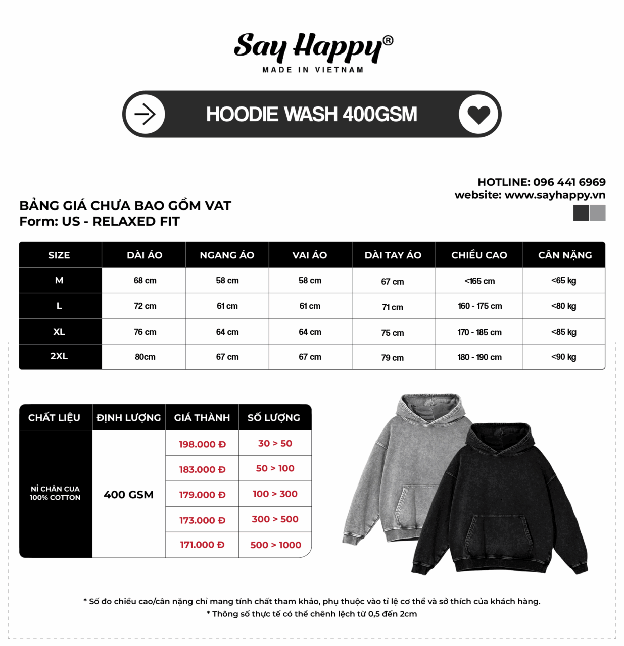 Bảng size và bảng giá sỉ hoodie wash 400gsm tại xưởng áo thun Say Happy