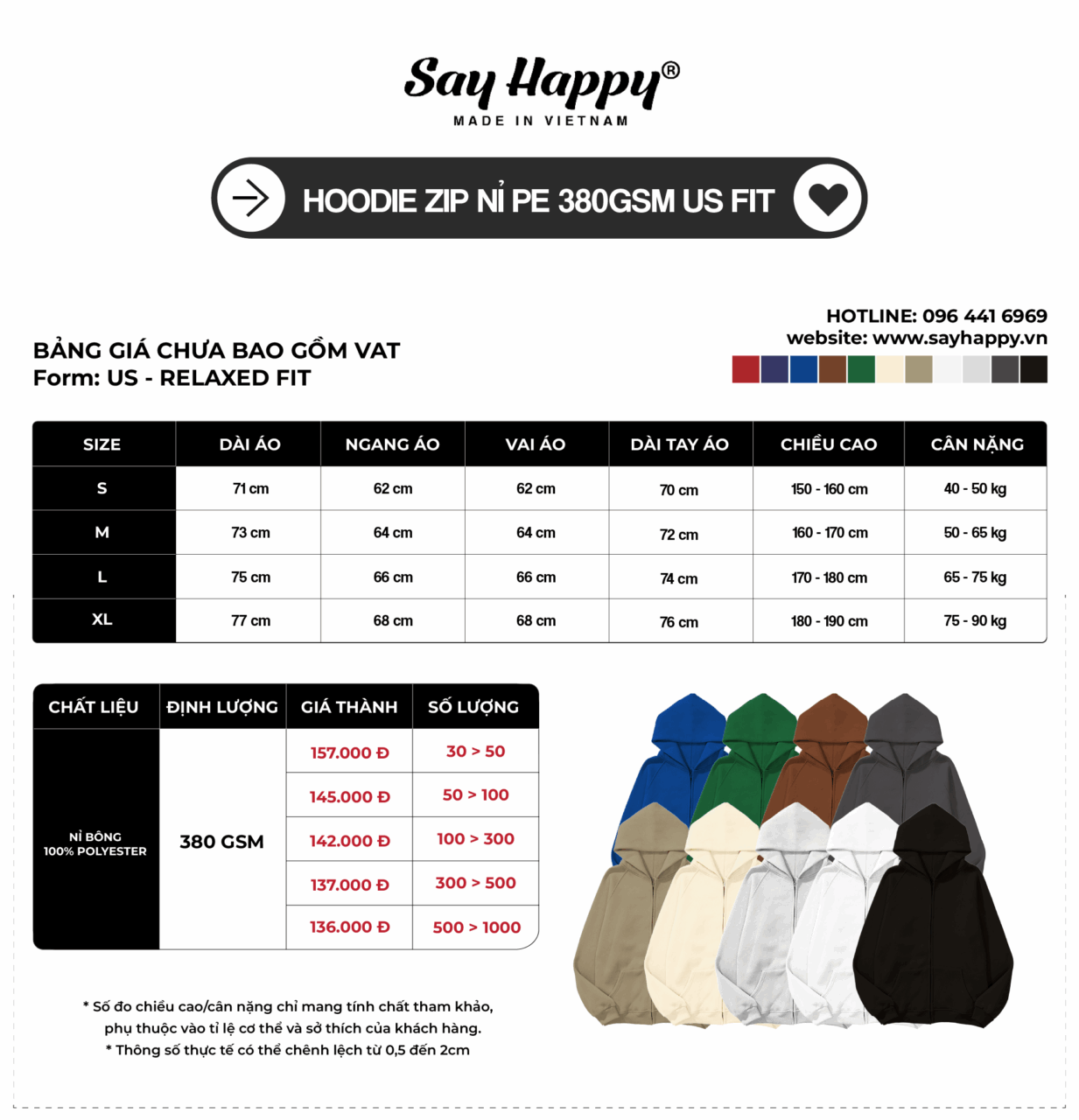 Bảng size và bảng giá sỉ hoodie zip nỉ pe 380gsm tại xưởng áo thun Say Happy