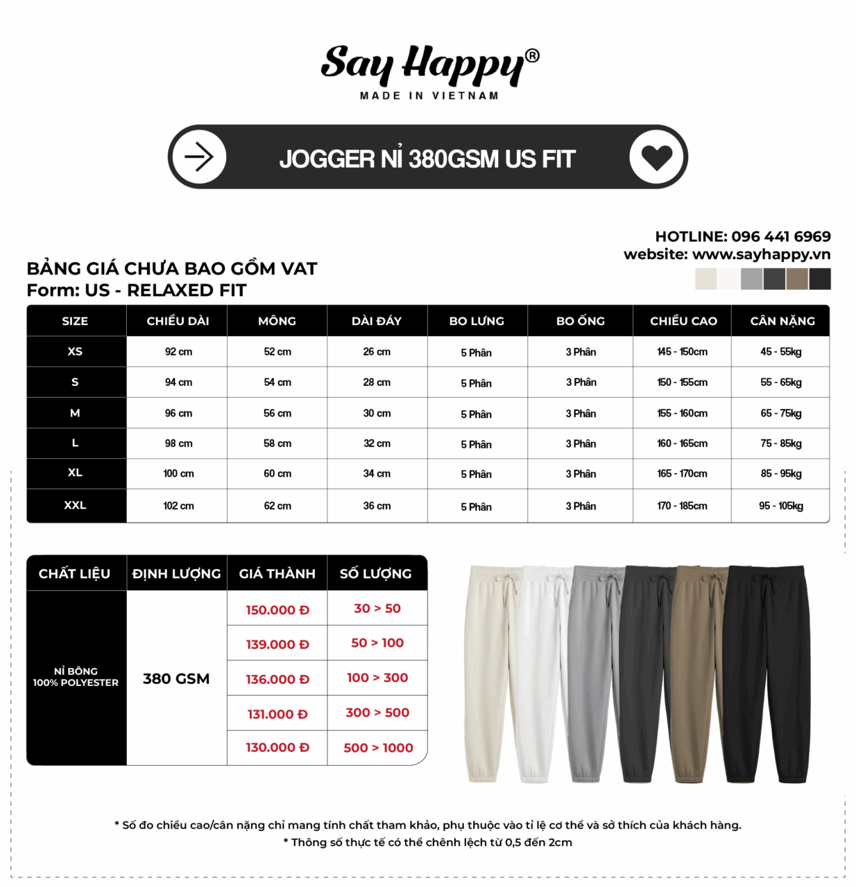 Bảng size và bảng giá sỉ jogger nỉ 380gsm tại xưởng áo thun Say Happy