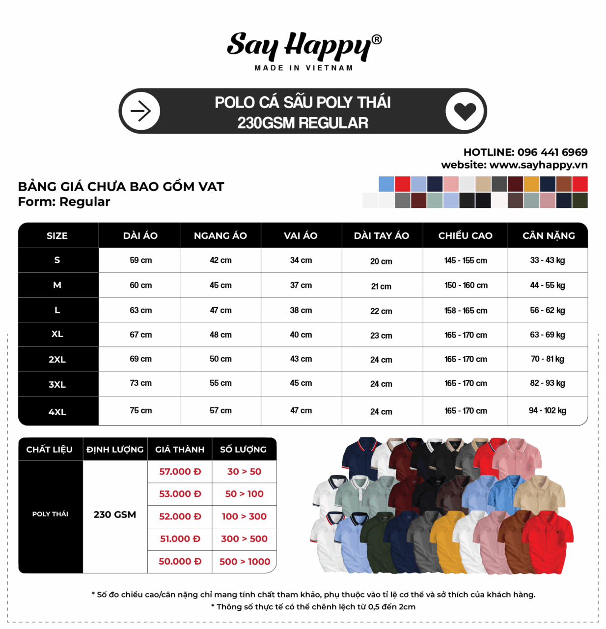 Bảng size và bảng giá sỉ polo cá sấu poly thái tại xưởng áo thun Say Happy
