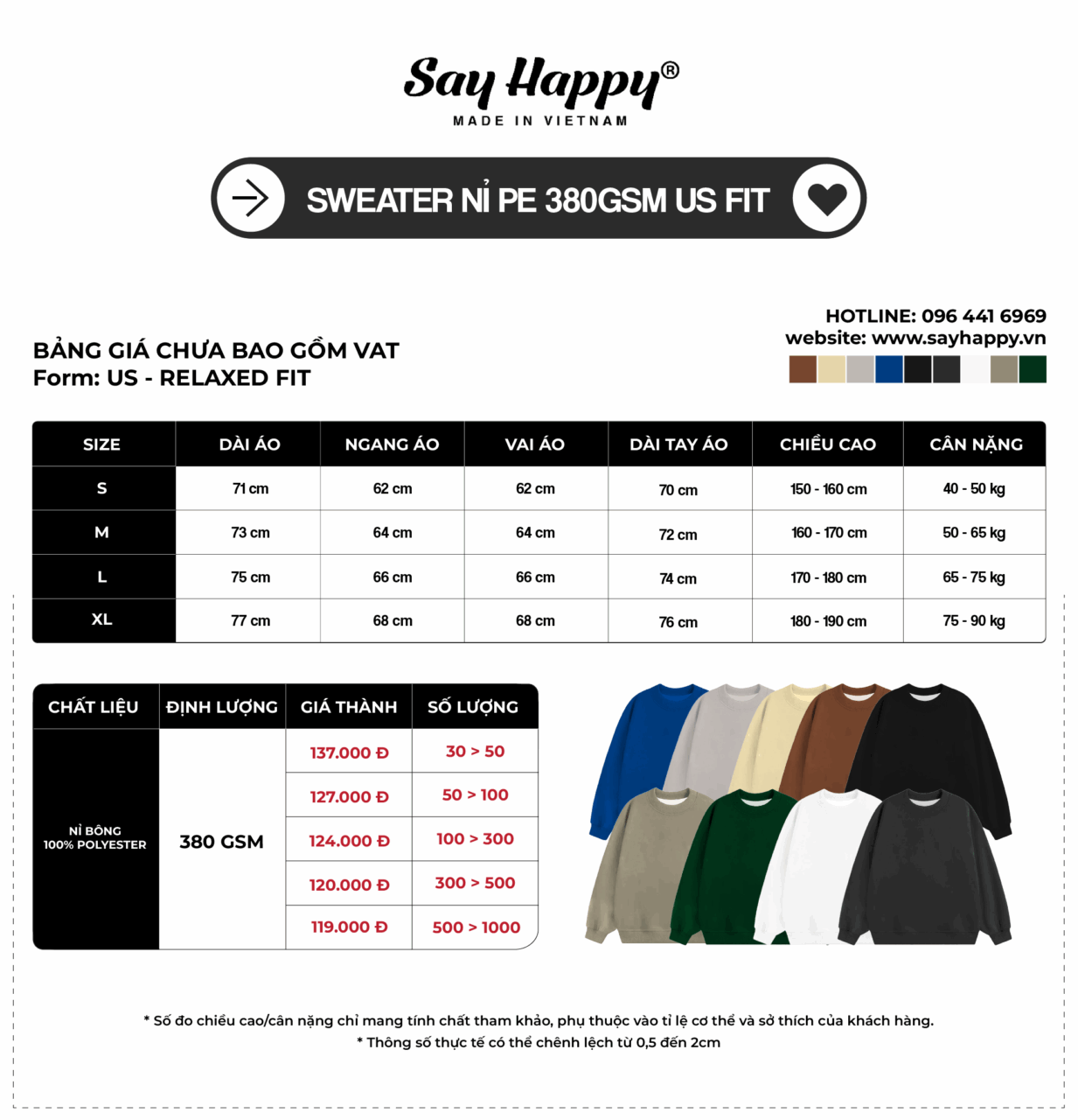 Bảng size và bảng giá sỉ sweater nỉ pe 380gsm tại xưởng áo thun Say Happy