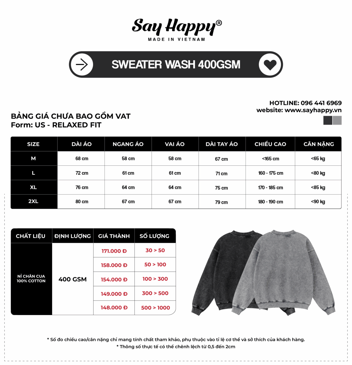 Bảng size và bảng giá sỉ sweater wash 400gsm tại xưởng áo thun Say Happy