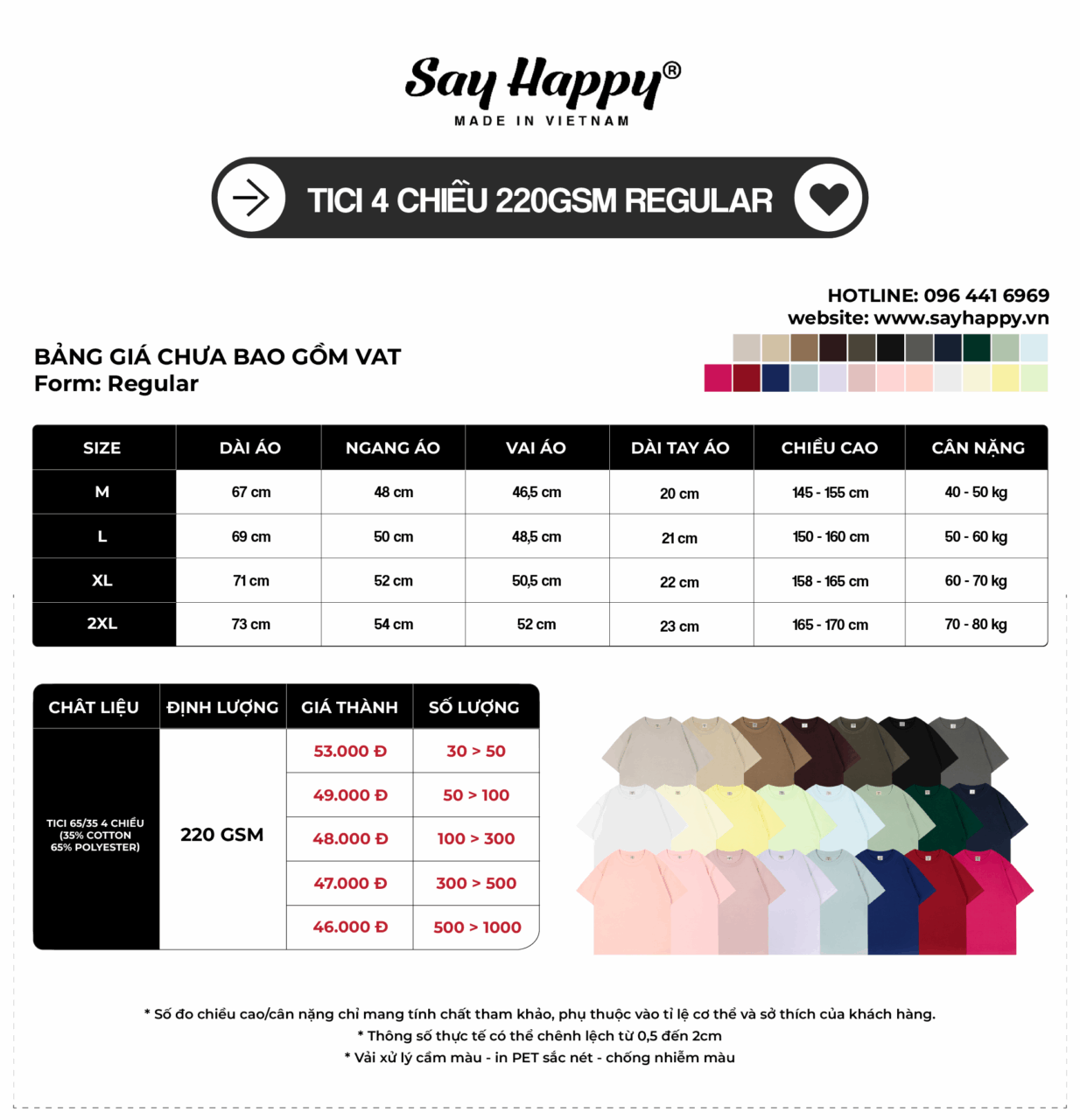 Bảng size và bảng giá sỉ Tici 4 chiều tại xưởng áo thun Say Happy
