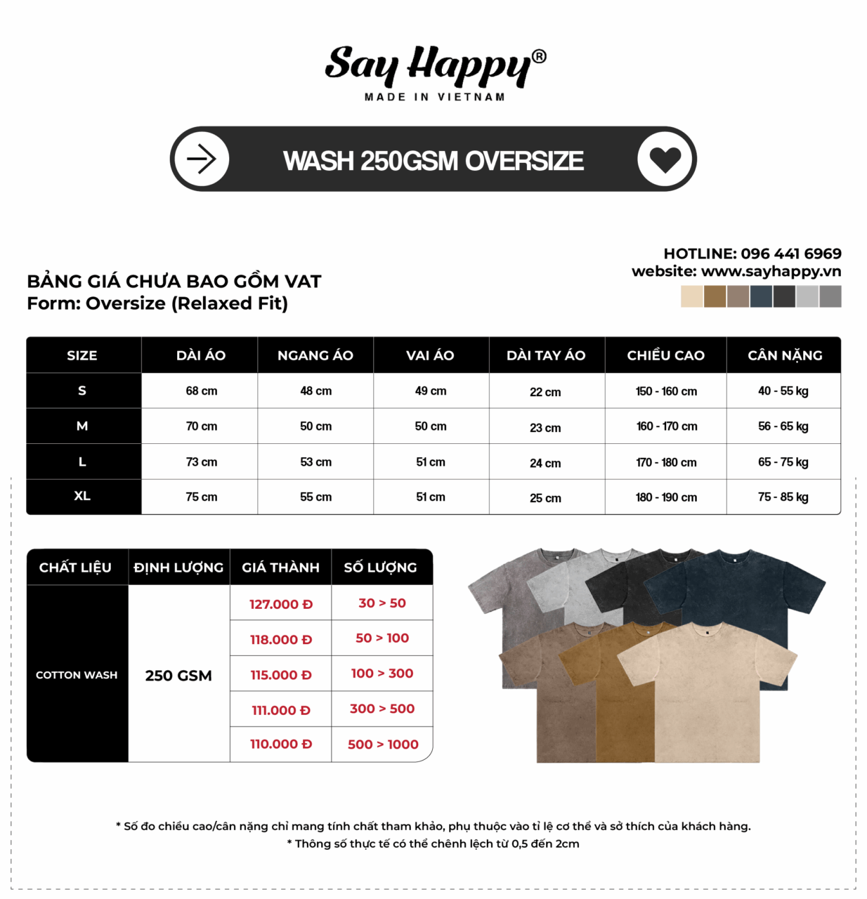 Bảng size và bảng giá sỉ cotton wash 250gsm tại xưởng áo thun Say Happy