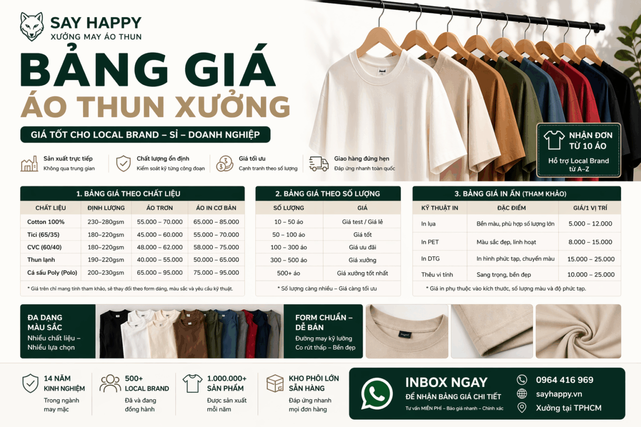 Bảng giá áo thun xưởng TPHCM Say Happy