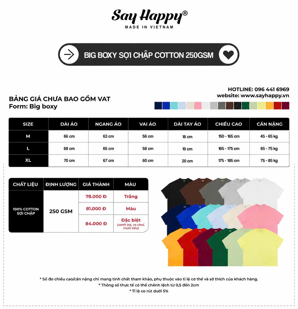 kho sỉ áo thun big boxy 100% cotton 250gsm sợi chập hcm Say Happy