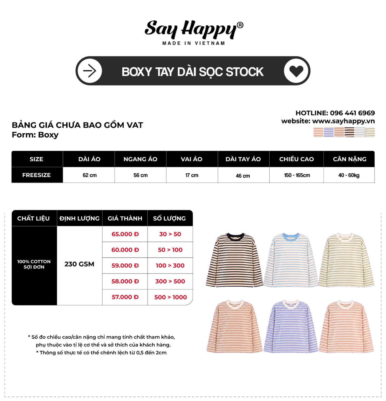 bảng giá tay dài sọc say happy