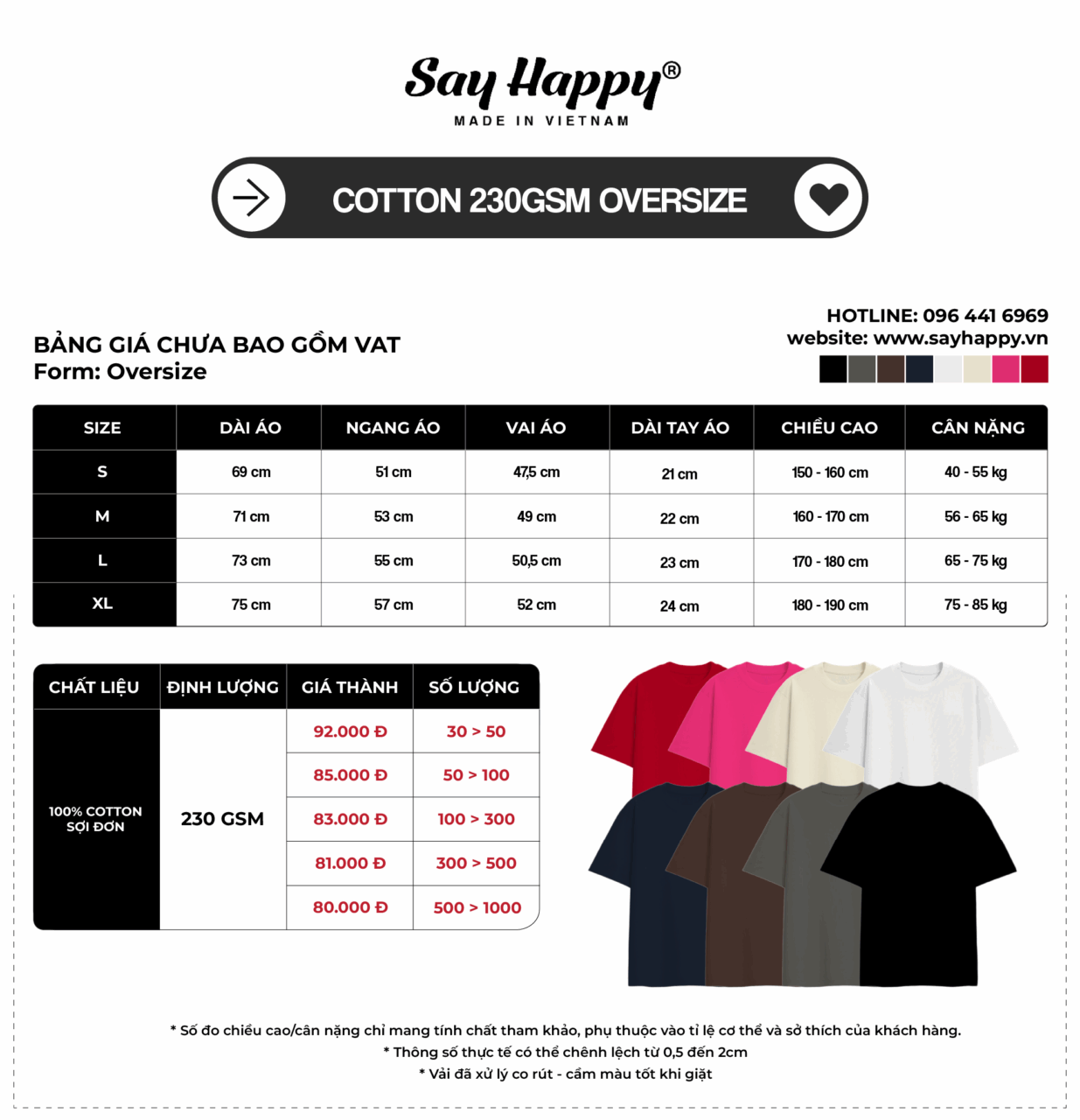 Bảng size và bảng giá sỉ cotton 230gsm oversize tại xưởng áo thun Say Happy