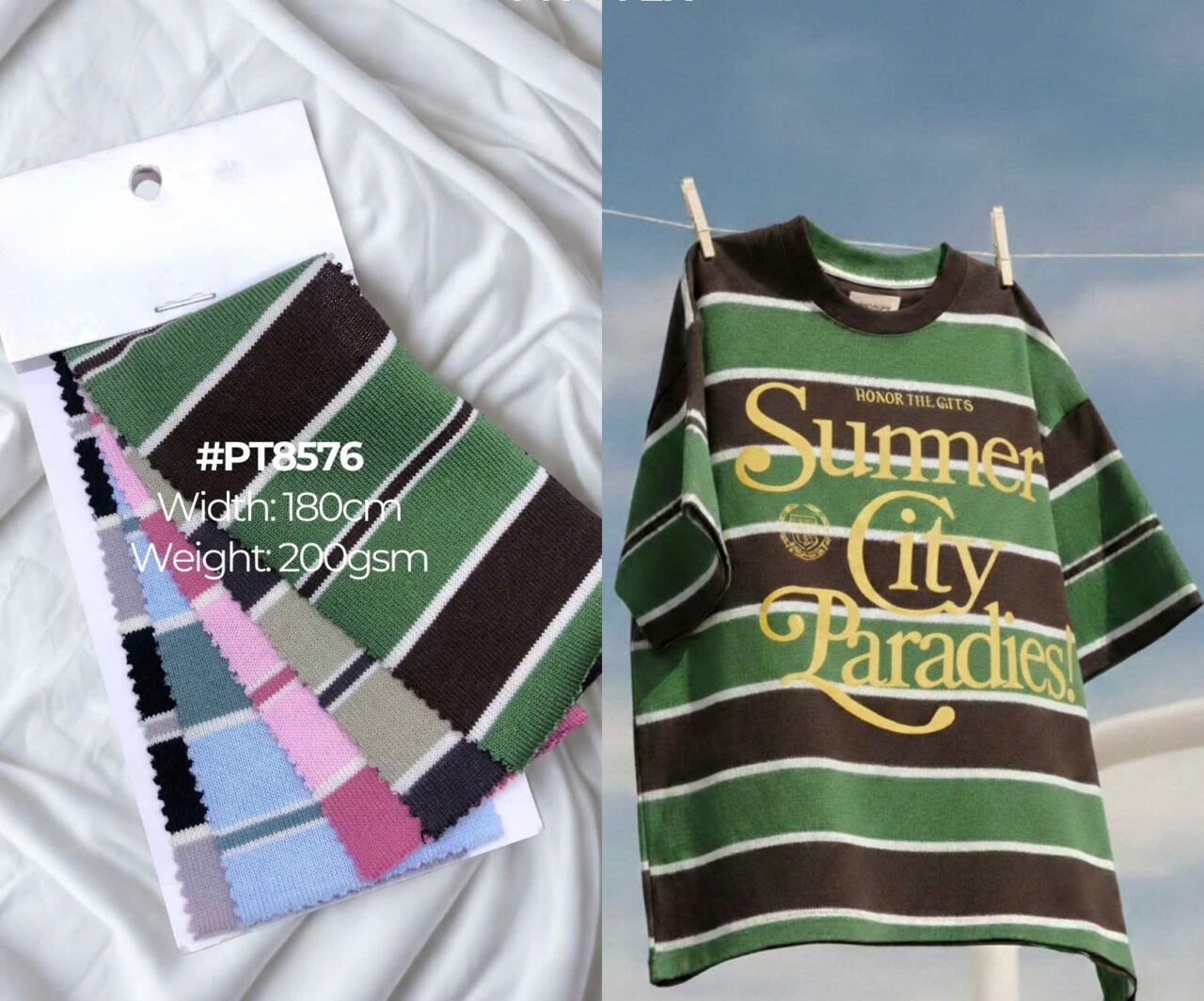 Bảng vải sọc xưởng áo thun say happy