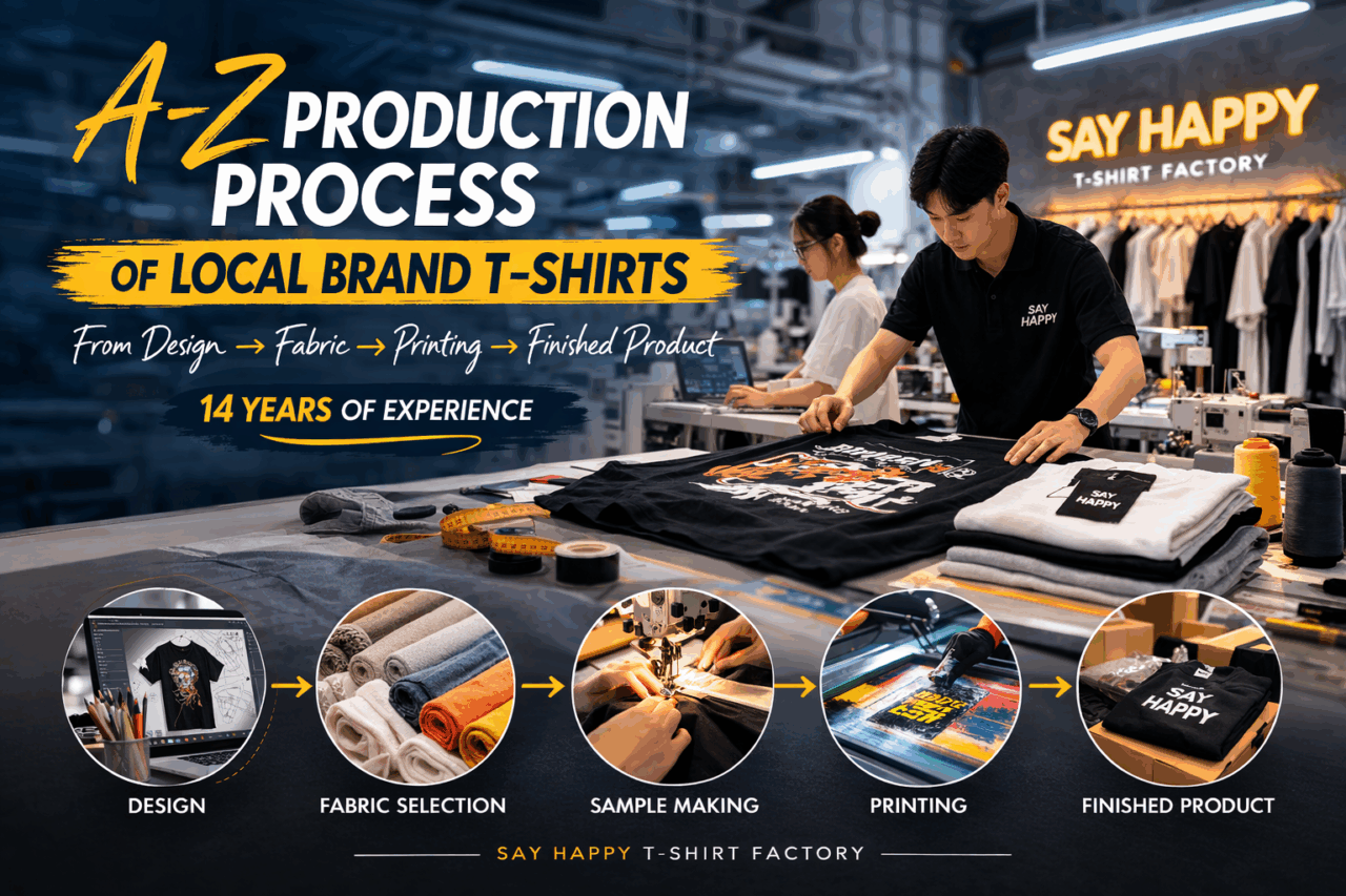 Quy trình sản xuất áo thun Local Brand tại Say Happy – từ thiết kế, chọn vải, may mẫu đến in ấn và hoàn thiện sản phẩm