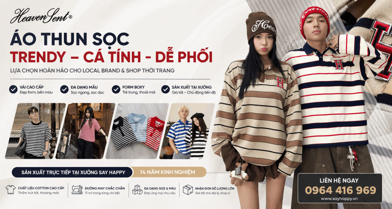 sản xuất áo thun sọc tại xưởng may tphcm say happy