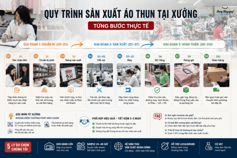 Quy trình sản xuất áo thun tại xưởng — Từng bước thực tế