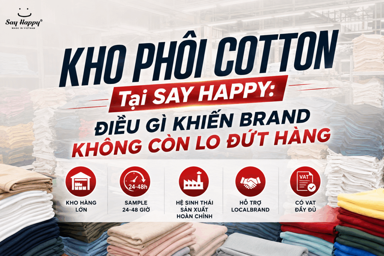 Kho phôi cotton tại Say Happy - Kho hàng lớn, sample 24-48h, hệ sinh thái sản xuất hoàn chỉnh